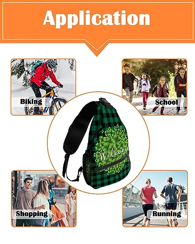 Sling Backpack, St. Patrick's Day Lucky Green Clover Leaves Green Plaid Waterproof Lightweight Small Sling Bag, Travel Chest Bag Crossbody Shoulder Bag Hiking Daypack for Women Men