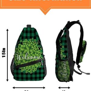 Sling Backpack, St. Patrick's Day Lucky Green Clover Leaves Green Plaid Waterproof Lightweight Small Sling Bag, Travel Chest Bag Crossbody Shoulder Bag Hiking Daypack for Women Men