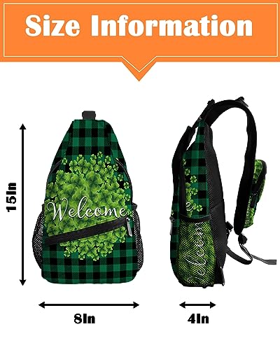 Sling Backpack, St. Patrick's Day Lucky Green Clover Leaves Green Plaid Waterproof Lightweight Small Sling Bag, Travel Chest Bag Crossbody Shoulder Bag Hiking Daypack for Women Men