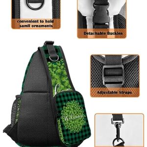 Sling Backpack, St. Patrick's Day Lucky Green Clover Leaves Green Plaid Waterproof Lightweight Small Sling Bag, Travel Chest Bag Crossbody Shoulder Bag Hiking Daypack for Women Men