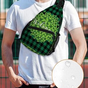 Sling Backpack, St. Patrick's Day Lucky Green Clover Leaves Green Plaid Waterproof Lightweight Small Sling Bag, Travel Chest Bag Crossbody Shoulder Bag Hiking Daypack for Women Men