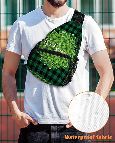 Sling Backpack, St. Patrick's Day Lucky Green Clover Leaves Green Plaid Waterproof Lightweight Small Sling Bag, Travel Chest Bag Crossbody Shoulder Bag Hiking Daypack for Women Men