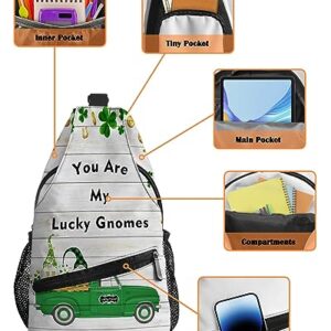 Sling Backpack, St patricks Day You are My Lucky Gnomes Truck Shamrock Wood Grain Waterproof Lightweight Small Sling Bag, Travel Chest Bag Crossbody Shoulder Bag Hiking Daypack for Women Men