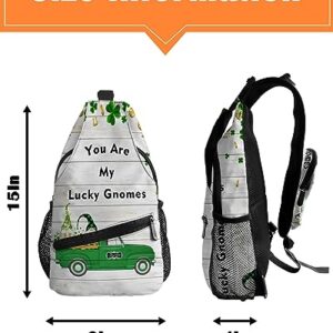 Sling Backpack, St patricks Day You are My Lucky Gnomes Truck Shamrock Wood Grain Waterproof Lightweight Small Sling Bag, Travel Chest Bag Crossbody Shoulder Bag Hiking Daypack for Women Men