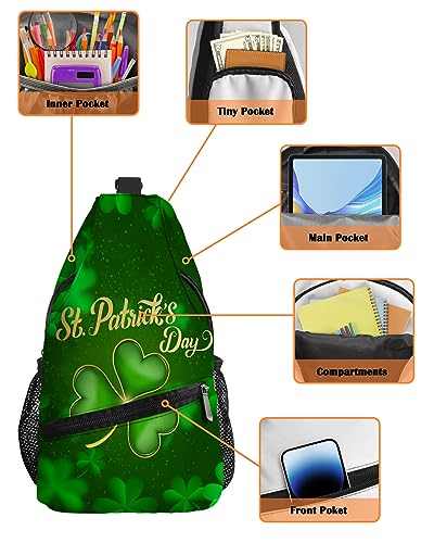 Sling Backpack, St. Patrick's Day Lucky Shamrock Green Waterproof Lightweight Small Sling Bag, Travel Chest Bag Crossbody Shoulder Bag Hiking Daypack for Women Men