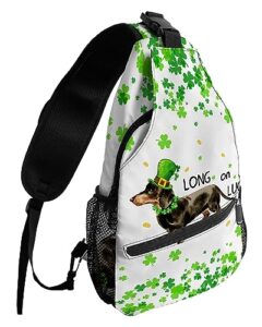 gsypo sling backpack, happy st. patrick's day clover puppy dog waterproof lightweight small sling bag, travel chest bag crossbody shoulder bag hiking daypack for women men