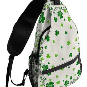 Sling Backpack, St. Patrick's Day LUCKY Green Clover Rustic Cotton Linen Background Waterproof Lightweight Small Sling Bag, Travel Chest Bag Crossbody Shoulder Bag Hiking Daypack for Women Men