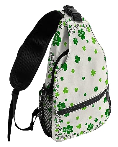 Sling Backpack, St. Patrick's Day LUCKY Green Clover Rustic Cotton Linen Background Waterproof Lightweight Small Sling Bag, Travel Chest Bag Crossbody Shoulder Bag Hiking Daypack for Women Men