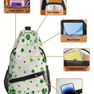 Sling Backpack, St. Patrick's Day LUCKY Green Clover Rustic Cotton Linen Background Waterproof Lightweight Small Sling Bag, Travel Chest Bag Crossbody Shoulder Bag Hiking Daypack for Women Men