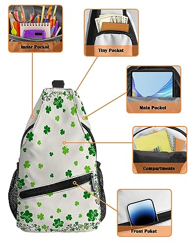 Sling Backpack, St. Patrick's Day LUCKY Green Clover Rustic Cotton Linen Background Waterproof Lightweight Small Sling Bag, Travel Chest Bag Crossbody Shoulder Bag Hiking Daypack for Women Men