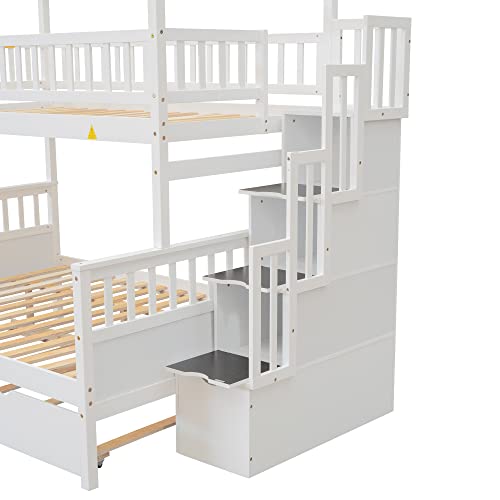 POCIYIHOME Twin Over Full Bunk Bed with Two Drawers and Staircase, Down Bed can be Converted into Daybed, Can Split The Single Bunk into Two Beds, for Kids,Teens Bedroom, No Box Spring Need, White
