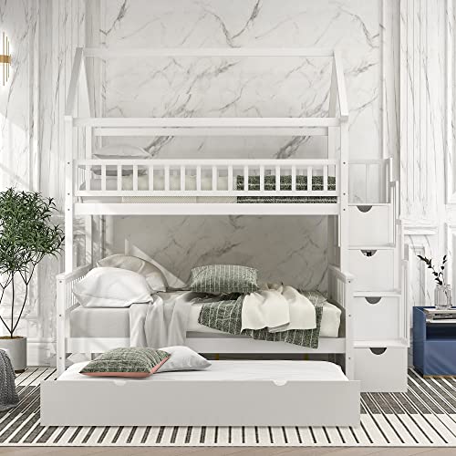 POCIYIHOME Twin Over Full Bunk Bed with Two Drawers and Staircase, Down Bed can be Converted into Daybed, Can Split The Single Bunk into Two Beds, for Kids,Teens Bedroom, No Box Spring Need, White