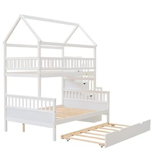 POCIYIHOME Twin Over Full Bunk Bed with Two Drawers and Staircase, Down Bed can be Converted into Daybed, Can Split The Single Bunk into Two Beds, for Kids,Teens Bedroom, No Box Spring Need, White