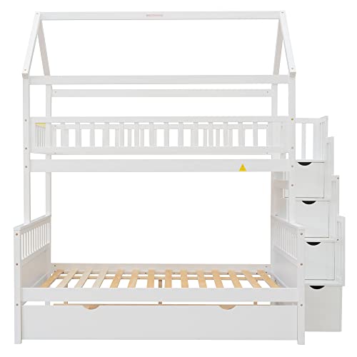 POCIYIHOME Twin Over Full Bunk Bed with Two Drawers and Staircase, Down Bed can be Converted into Daybed, Can Split The Single Bunk into Two Beds, for Kids,Teens Bedroom, No Box Spring Need, White