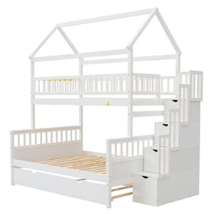 POCIYIHOME Twin Over Full Bunk Bed with Two Drawers and Staircase, Down Bed can be Converted into Daybed, Can Split The Single Bunk into Two Beds, for Kids,Teens Bedroom, No Box Spring Need, White