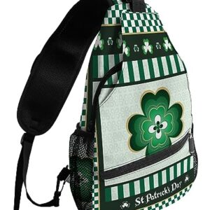 Sling Backpack, St. Patrick's Day Lucky Shamrock Green White Checkered Pattern Waterproof Lightweight Small Sling Bag, Travel Chest Bag Crossbody Shoulder Bag Hiking Daypack for Women Men