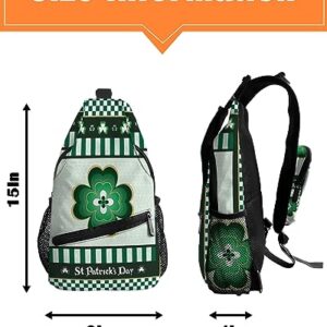 Sling Backpack, St. Patrick's Day Lucky Shamrock Green White Checkered Pattern Waterproof Lightweight Small Sling Bag, Travel Chest Bag Crossbody Shoulder Bag Hiking Daypack for Women Men