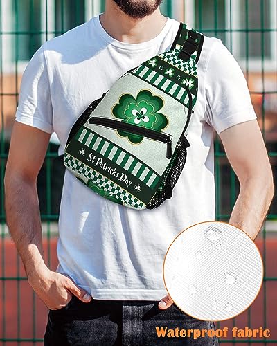 Sling Backpack, St. Patrick's Day Lucky Shamrock Green White Checkered Pattern Waterproof Lightweight Small Sling Bag, Travel Chest Bag Crossbody Shoulder Bag Hiking Daypack for Women Men