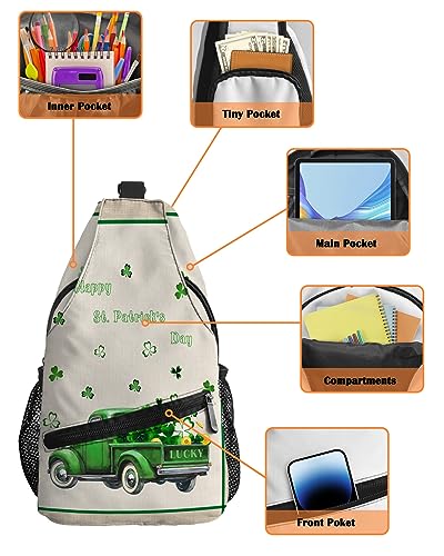 Gsypo Sling Backpack, St.Patrick's Day Shamrocks Truck Linen Waterproof Lightweight Small Sling Bag, Travel Chest Bag Crossbody Shoulder Bag Hiking Daypack for Women Men