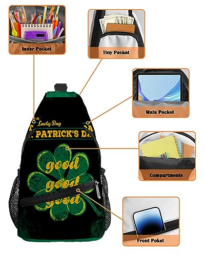 Sling Backpack, Saint Patrick's Day Shamrocks and Love Hearts Vintage Green Background Waterproof Lightweight Small Sling Bag, Travel Chest Bag Crossbody Shoulder Bag Hiking Daypack for Women Men