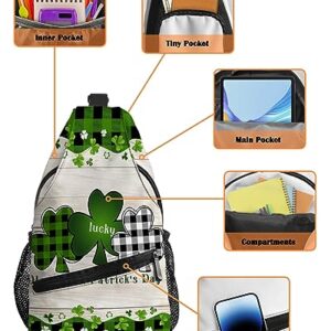 Sling Backpack, St. Patrick's Day Lucky Green Black Buffalo Plaid Shamrock Waterproof Lightweight Small Sling Bag, Travel Chest Bag Crossbody Shoulder Bag Hiking Daypack for Women Men