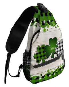 sling backpack, st. patrick's day lucky green black buffalo plaid shamrock waterproof lightweight small sling bag, travel chest bag crossbody shoulder bag hiking daypack for women men