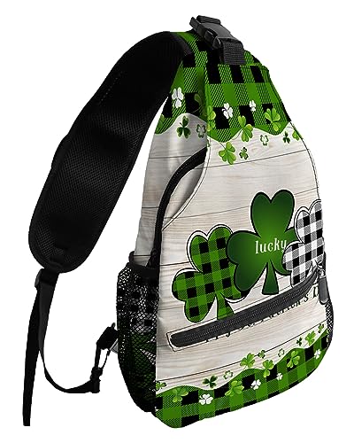 Sling Backpack, St. Patrick's Day Lucky Green Black Buffalo Plaid Shamrock Waterproof Lightweight Small Sling Bag, Travel Chest Bag Crossbody Shoulder Bag Hiking Daypack for Women Men