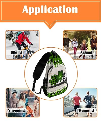 Sling Backpack, St. Patrick's Day Lucky Green Black Buffalo Plaid Shamrock Waterproof Lightweight Small Sling Bag, Travel Chest Bag Crossbody Shoulder Bag Hiking Daypack for Women Men