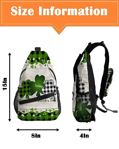 Sling Backpack, St. Patrick's Day Lucky Green Black Buffalo Plaid Shamrock Waterproof Lightweight Small Sling Bag, Travel Chest Bag Crossbody Shoulder Bag Hiking Daypack for Women Men