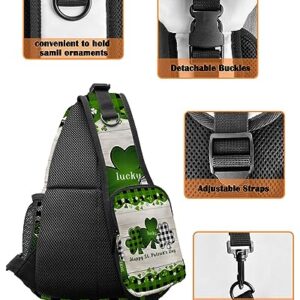 Sling Backpack, St. Patrick's Day Lucky Green Black Buffalo Plaid Shamrock Waterproof Lightweight Small Sling Bag, Travel Chest Bag Crossbody Shoulder Bag Hiking Daypack for Women Men