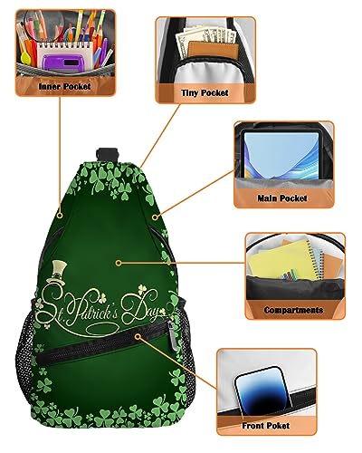 Sling Backpack, St. Patrick's Day Lucky Shamrock Spring Clover Green Waterproof Lightweight Small Sling Bag, Travel Chest Bag Crossbody Shoulder Bag Hiking Daypack for Women Men