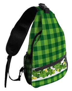 sling backpack, st. patrick's day lucky clover green buffalo plaid waterproof lightweight small sling bag, travel chest bag crossbody shoulder bag hiking daypack for women men