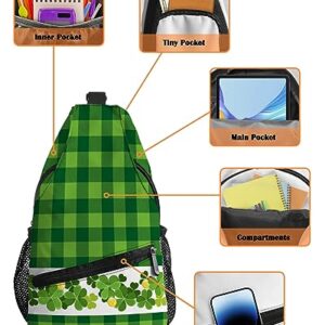 Sling Backpack, St. Patrick's Day Lucky Clover Green Buffalo Plaid Waterproof Lightweight Small Sling Bag, Travel Chest Bag Crossbody Shoulder Bag Hiking Daypack for Women Men