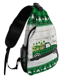 sling backpack, st. patrick's day truck pull lucky shamrock on rustic wooden grain waterproof lightweight small sling bag, travel chest bag crossbody shoulder bag hiking daypack for women men