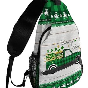 Sling Backpack, St. Patrick's Day Truck Pull Lucky Shamrock on Rustic Wooden Grain Waterproof Lightweight Small Sling Bag, Travel Chest Bag Crossbody Shoulder Bag Hiking Daypack for Women Men