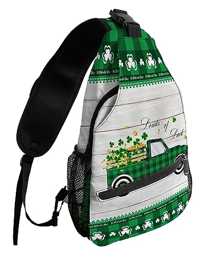 Sling Backpack, St. Patrick's Day Truck Pull Lucky Shamrock on Rustic Wooden Grain Waterproof Lightweight Small Sling Bag, Travel Chest Bag Crossbody Shoulder Bag Hiking Daypack for Women Men