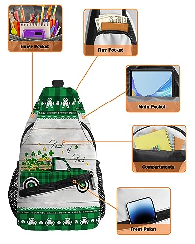 Sling Backpack, St. Patrick's Day Truck Pull Lucky Shamrock on Rustic Wooden Grain Waterproof Lightweight Small Sling Bag, Travel Chest Bag Crossbody Shoulder Bag Hiking Daypack for Women Men