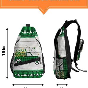 Sling Backpack, St. Patrick's Day Truck Pull Lucky Shamrock on Rustic Wooden Grain Waterproof Lightweight Small Sling Bag, Travel Chest Bag Crossbody Shoulder Bag Hiking Daypack for Women Men