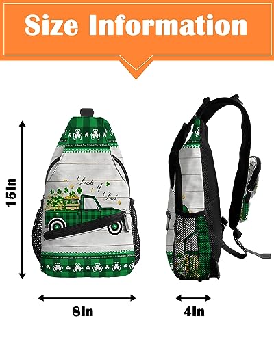 Sling Backpack, St. Patrick's Day Truck Pull Lucky Shamrock on Rustic Wooden Grain Waterproof Lightweight Small Sling Bag, Travel Chest Bag Crossbody Shoulder Bag Hiking Daypack for Women Men