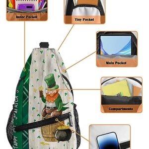 Gsypo Sling Backpack, St. Patrick's Day Dwarf Shamrock Retro Plaid Pattern Waterproof Lightweight Small Sling Bag, Travel Chest Bag Crossbody Shoulder Bag Hiking Daypack for Women Men