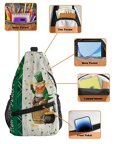 Gsypo Sling Backpack, St. Patrick's Day Dwarf Shamrock Retro Plaid Pattern Waterproof Lightweight Small Sling Bag, Travel Chest Bag Crossbody Shoulder Bag Hiking Daypack for Women Men