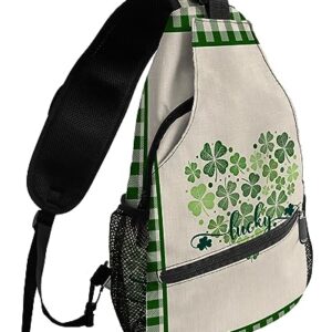 Sling Backpack, St. Patrick's Day Lucky Shamrocks Clover Love Heart Green Buffalo Plaid Waterproof Lightweight Small Sling Bag, Travel Chest Bag Crossbody Shoulder Bag Hiking Daypack for Women Men