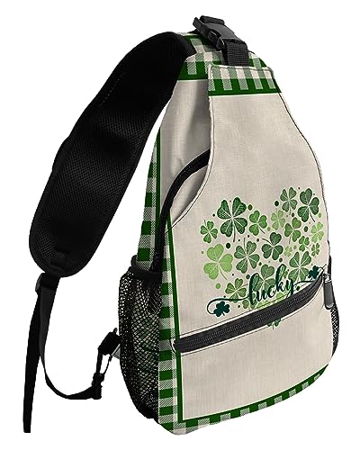 Sling Backpack, St. Patrick's Day Lucky Shamrocks Clover Love Heart Green Buffalo Plaid Waterproof Lightweight Small Sling Bag, Travel Chest Bag Crossbody Shoulder Bag Hiking Daypack for Women Men
