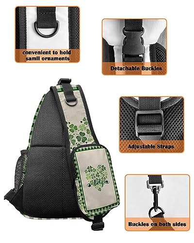 Sling Backpack, St. Patrick's Day Lucky Shamrocks Clover Love Heart Green Buffalo Plaid Waterproof Lightweight Small Sling Bag, Travel Chest Bag Crossbody Shoulder Bag Hiking Daypack for Women Men