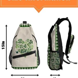 Sling Backpack, St. Patrick's Day Lucky Shamrocks Clover Love Heart Green Buffalo Plaid Waterproof Lightweight Small Sling Bag, Travel Chest Bag Crossbody Shoulder Bag Hiking Daypack for Women Men