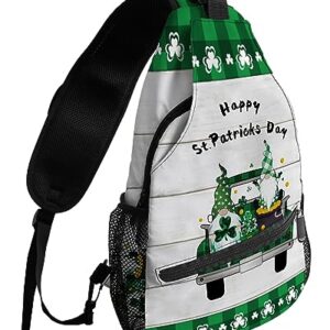 Sling Backpack, St. Patrick's Day Truck Pull Gnomes on Rustic Wood Grain Waterproof Lightweight Small Sling Bag, Travel Chest Bag Crossbody Shoulder Bag Hiking Daypack for Women Men