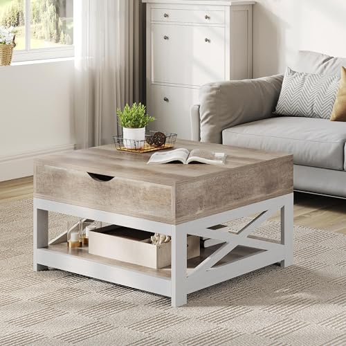 YITAHOME Lift Top Coffee Table, Square Farmhouse Coffee Table, Coffee Table with Double Storage, Rustic Wood Center Table for Living Room,Grey Wash