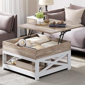 YITAHOME Lift Top Coffee Table, Square Farmhouse Coffee Table, Coffee Table with Double Storage, Rustic Wood Center Table for Living Room,Grey Wash