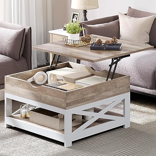 YITAHOME Lift Top Coffee Table, Square Farmhouse Coffee Table, Coffee Table with Double Storage, Rustic Wood Center Table for Living Room,Grey Wash