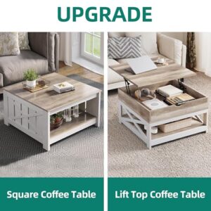 YITAHOME Lift Top Coffee Table, Square Farmhouse Coffee Table, Coffee Table with Double Storage, Rustic Wood Center Table for Living Room,Grey Wash